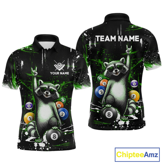 Custom Green Funny Raccoon Billiard Shirt for Men 8 Ball Pool Billiard Jersey Polo & 1/4-Zip BHT5