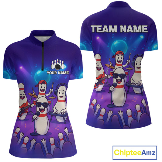 Custom Funny Bowling Pins Music Shirt Neon Bowling Jersey for Women Polo & 1/4 Zip Bowling Outfit QZT788
