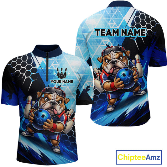 Funny Bulldog Bowling Team Shirt Custom Polo & 1/4 Zip Bowling Jersey for Men Blue Bowling Unisex QZT911