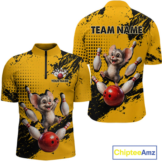 Black & Yellow Funny Mouse Bowling Team Shirt for Men Custom Bowling Jersey Polo & Quarter-Zip QZT1032
