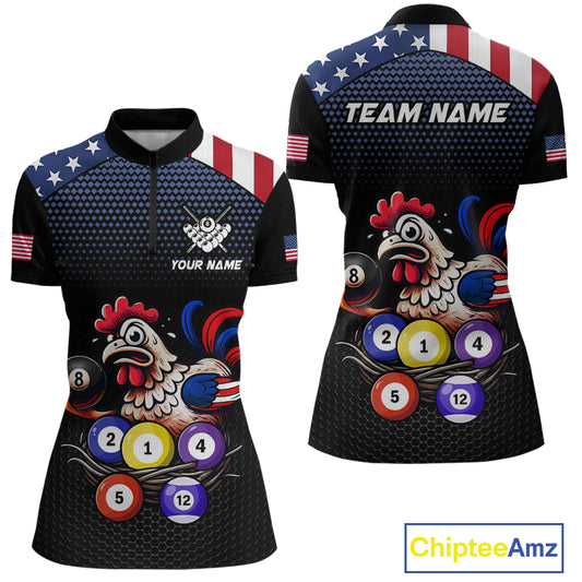 Custom Funny American Flag Chicken Billiard Shirt for Women Billiard Jersey Polo & Quarter-Zip Pool Shirt BHT28
