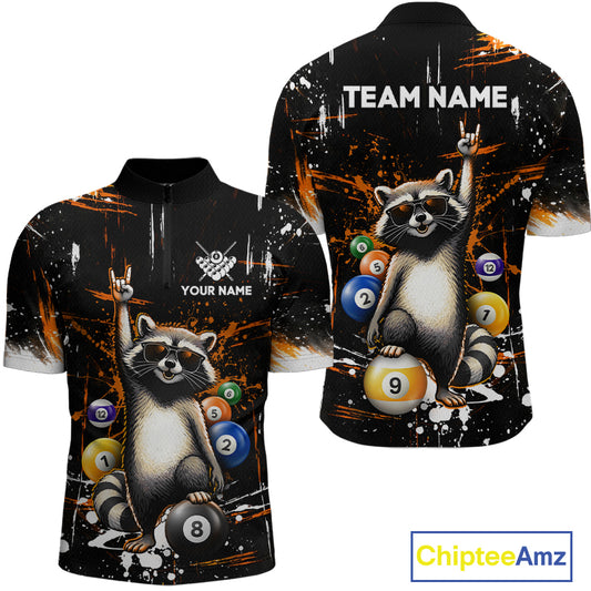 Black shirt with raccoon design and pool balls, customizable text, and Chiptee Amz branding.