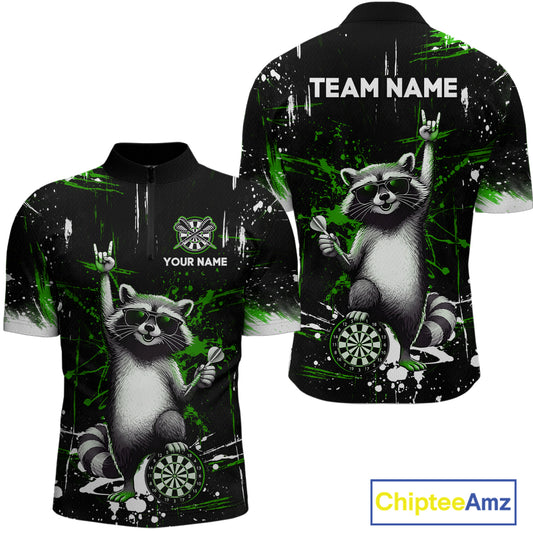 Custom Green Funny Raccoon Dart Team Shirt for Men Dart Jersey Polo & /4-Zip Dartboard Shirt Outfit DHT29
