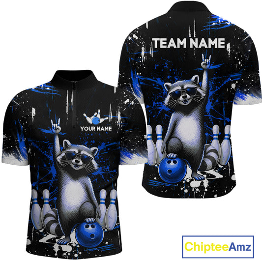 Custom Blue Funny Raccoon Bowling Shirt for Men Bowling Jersey Polo & 1/4-Zip Bowling Outfit QZT892