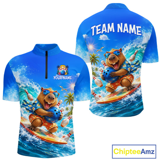 Custom Funny Capypara Surfing Bowling Team Shirt for Men Bowling Jersey League Polo & Quarter-Zip QZT1079