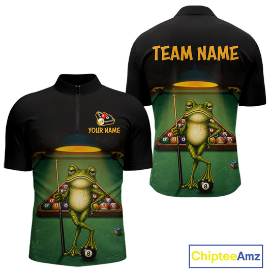 Two views of a black short-sleeve quarter-zip shirt with a custom pool-themed graphic. The front view shows a green pool table design with a cartoon frog holding a billiard cue and an 8-ball, plus a customizable name patch.