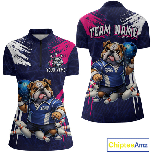Personalized Funny Bulldog Bowling League Shirt Polo & 1/4 Zip Navy Bowling Jersey for Women QZT910