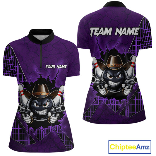 Custom Purple Funny Cowboy Gun Bowling Shirt for Women Bowling Team Jersey Bowling Polo & Quarter-Zip QZT915