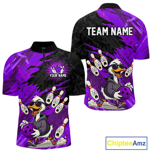 Purple Funny Duck Bowling Shirt for Men Custom Bowling Team Jersey Bowling League Polo & Quarter-Zip QZT944