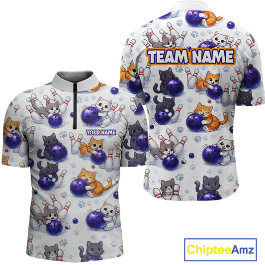 Custom Funny Cat Pattern Bowling Shirt Bowling Jersey League Polo & 1/4Zip Bowling Team for Men QZT951
