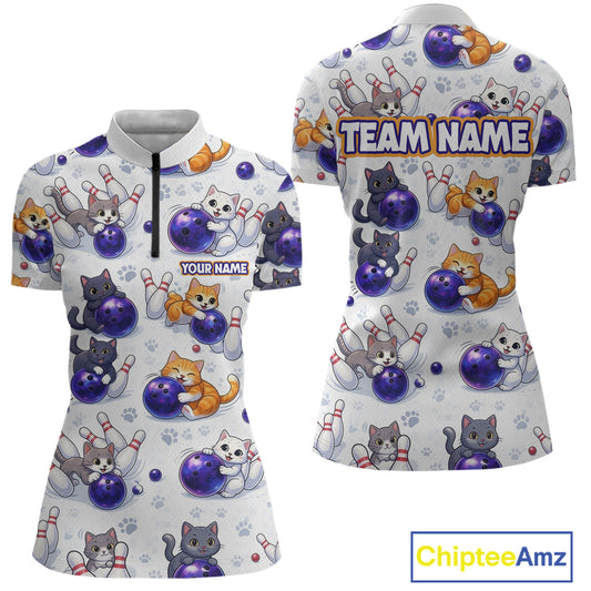 Custom Funny Cat Pattern Bowling Shirt Bowling Jersey League Polo & 1/4Zip Bowling Team for Women QZT951