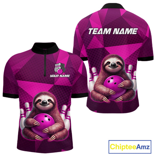 Pink Funny Sloth Bowling Shirt for Men Custom Bowling Jersey Polo & Quarter-Zip Bowling Outfit QZT995