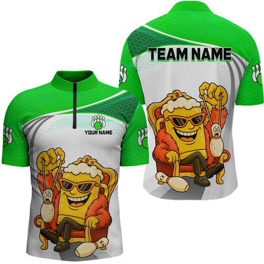 Custom Funny Green Beer Polo Bowling Team Shirt for Men Quarter-Zip Bowling Jersey Outfit QZT820