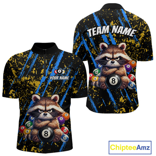 Custom Ugly Raccoon 8 Ball Billiard Shirts for Men Billiard Team Jersey Polo & 1/4 Zip Pool Shirt BHT31