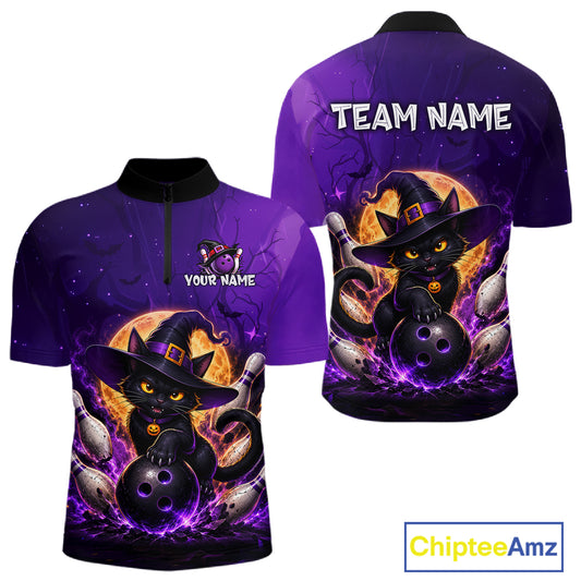 A purple short-sleeve quarter-zip jersey shown from both front and back, featuring a cartoon black cat dressed as a witch holding bowling balls, with customizable text areas reading 'YOUR NAME' and 'TEAM NAME'.