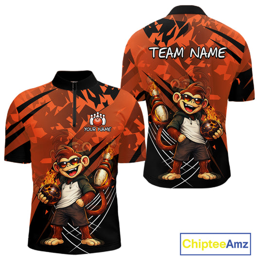 Custom short-sleeve athletic jersey shown from the front and back, featuring a bold orange and black graphic design with a cartoon monkey holding bowling balls, plus customizable text areas reading 'TEAM NAME' and 'YOUR NAME'.