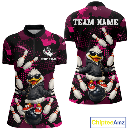 Custom Pink Funny Duck Bowling Shirt for Women Bowling Jersey Polo & 1/4 Zip Bowling Outfit QZT943