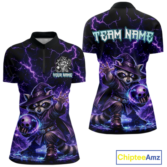 Personalized Raccoon Wizard Bowling Shirt for Women Purple Thunder Lightning Bowling Jersey QZT920