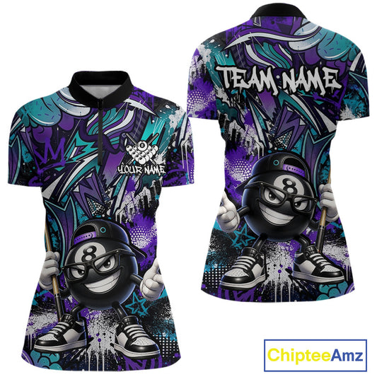 Teal and purple quarter-zip shirt with 8-ball design and 'Team Name' text, featuring Chiptee Amz branding.