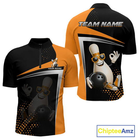 Custom Orange Funny Bowling Pin Shirt for Men Bowling Team League Jersey Bowling Outfit QZT817