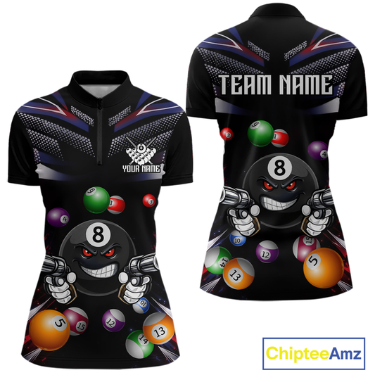 Custom Funny American Flag 8 Ball Pool Shirt for Women Billiard Jersey Polo & 1/4 Zip Billiard Shirt BHT16