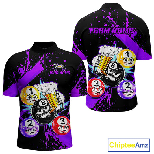 Custom Purple Funny 8 Ball Pool Billiard Team Shirts for Men Billiard League Jersey Polo &1/4 Zip BHT2