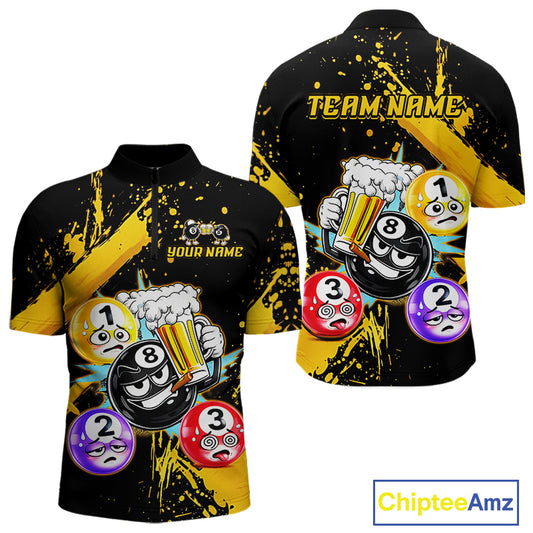 Custom Yellow Funny 8 Ball Pool Billiard Team Shirts for Men Billiard League Jersey Polo &1/4 Zip BHT2