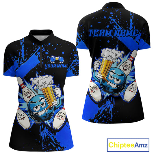 Custom Blue Funny Beer Bowling Shirt for Women Bowling League Jersey Polo 1/4 Zip Bowling Outfit QZT822