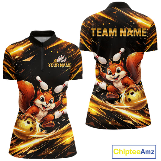 Back & Gold Squirrel Bowling Team Shirt for Women Custom Funny Bowling Jersey Polo & 1/4-Zip QZT980