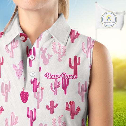 Funny Pink Cactus Pattern Womens Sleeveless Golf Polo Shirts Custom Cactus Ladies Golf Attire, Golf Gift NHN0185