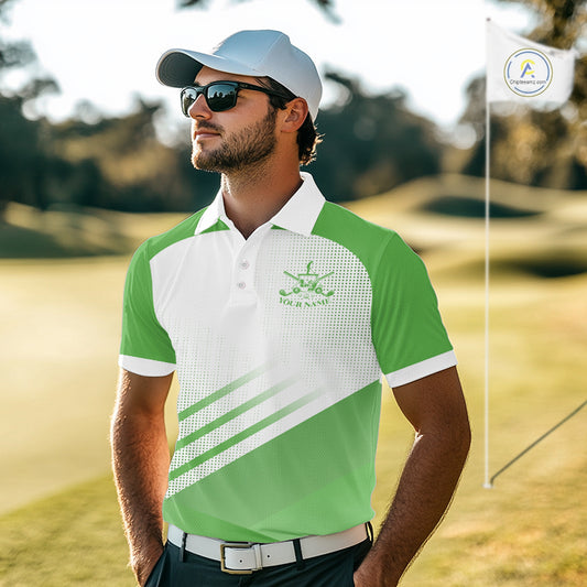 Green And White Mens Golf Polo Shirts Custom Golf Tops For Men, Personalized Golf Gifts NHN0059
