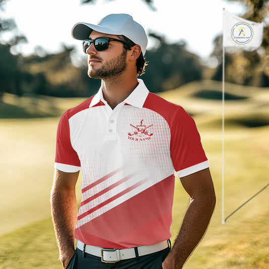 Red And White Mens Golf Polo Shirts Custom Golf Tops For Men, Personalized Golf Gifts NHN0059