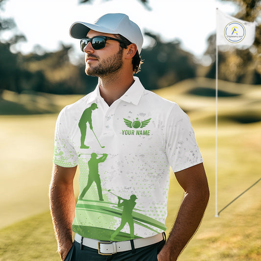Mens Golf Polo Shirts Custom Green And White Pattern Golf Tops For Men, Personalized Golf Gifts NHN0037