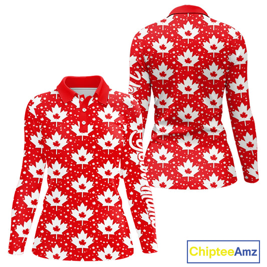Red Maple Leaves Pattern Canadian Long Sleeve Womens Golf Polo Shirts Custom Patriotic Golf Shirts NHN0207