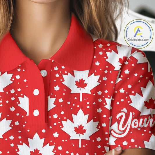 Red Maple Leaves Pattern Canadian Womens Golf Polo Shirts Custom Patriotic Golf Shirts For Men NHN0207