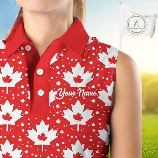 Red Maple Leaves Pattern Canadian Sleeveless Womens Golf Polo Shirts Custom Patriotic Golf Shirts For Men NHN0207