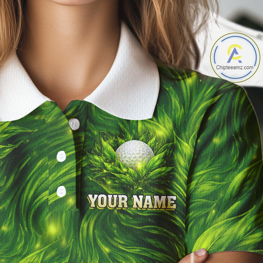 Green Womens Golf Polo Shirt Custom Leaf Pattern Golf Ball Personalized Team Golf Tops, Golf Gifts NHN0222