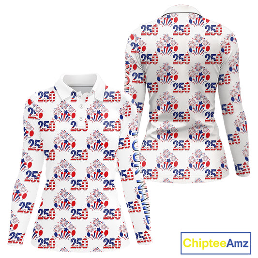 USA 250th Anniversary Womens Long Sleeve Golf Polo Shirt Custom Golf Pattern Team Patriotic Golf Top NHN0231