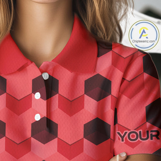 Plaid Womens Golf Polo Shirt Custom Abstract Red Hexagon Pattern Golf Shirts For Ladies NHN0156