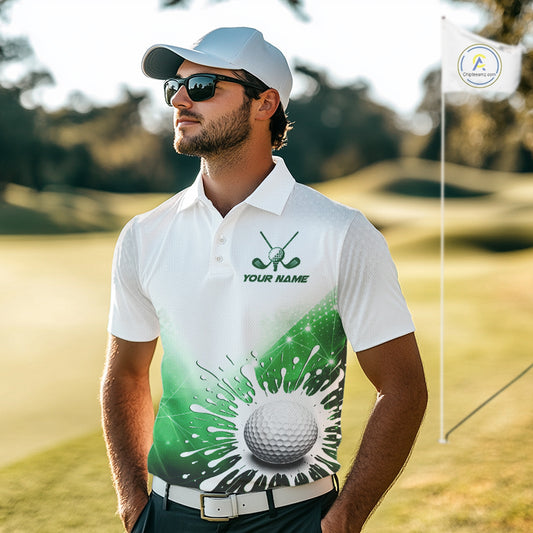 Green Geometric Triangle Pattern Mens Golf Polo Shirt Custom Watercolor Golf Ball White Golf Tops NHN0119