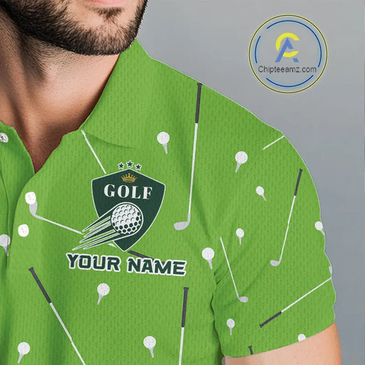 Mens Golf Polo Shirt Custom Green And White Golf Ball Flame Team Golf Shirts, Golf Tops For Men NHN0179
