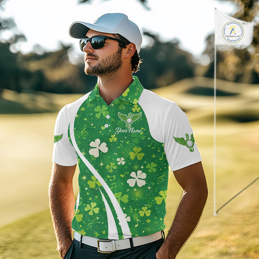 Mens Golf Polo Shirt Custom Name Green Music Angel Wing Golf Ball St Patrick’S Day Golf Outfit NHN0133
