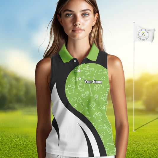 Green And White Womens Sleeveless Golf Polo Shirt Custom Black Golf Shirts For Ladies, Golf Gifts NHN0110
