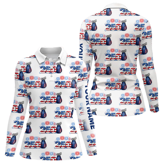 USA 250th Anniversary Womens Long Sleeve Golf Polo Shirt Custom Golf Pattern Patriotic Golf Tops NHN0234