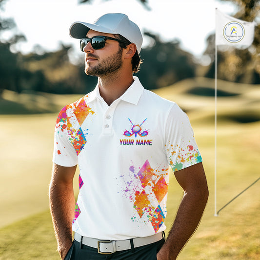 Watercolor Argyle Pattern Golf Polo Shirts Custom White Golf Clubs Golf Shirts For Men Golf Gifts NHN0006
