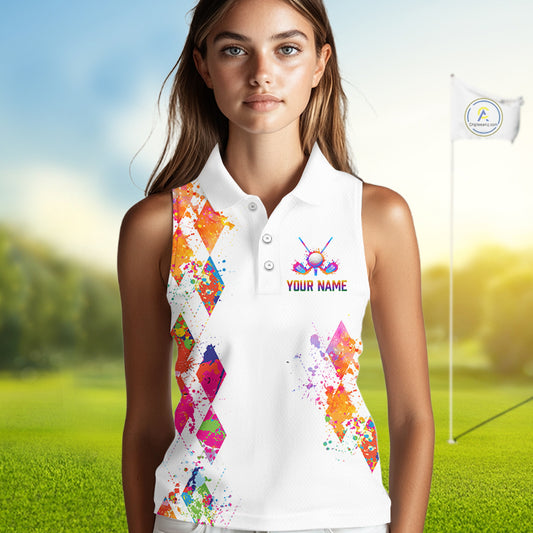 Watercolor Argyle Pattern Womens Sleeveless Golf Polo Shirt Custom White Golf Clubs Golf Shirts NHN0006