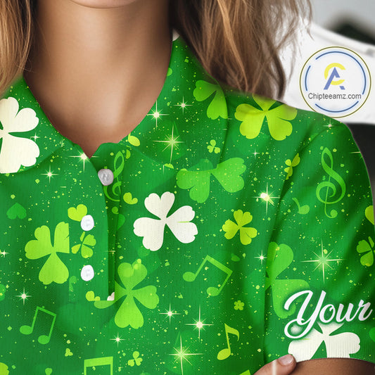 Womens Golf Polo Shirt Custom Green Music Angel Wing Golf Ball St Patricks Day Golf Shirts, Golf Gifts NHN0132