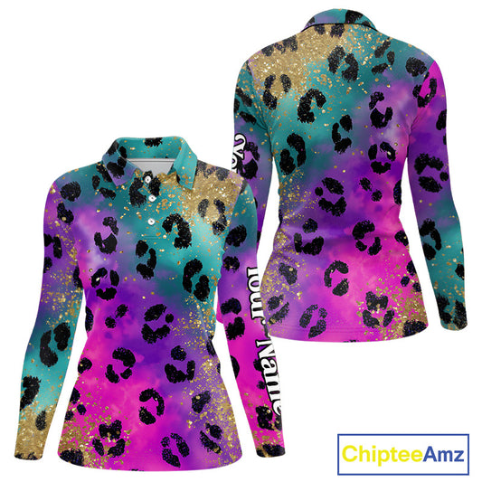 Womens Long Sleeve Golf Polo Shirt Custom Colorful Neon Rainbow Leopard Pattern Team Golf Tops NHN0217