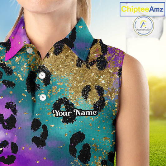 Womens Sleeveless Golf Polo Shirt Custom Colorful Neon Rainbow Leopard Pattern Team Golf Tops NHN0217