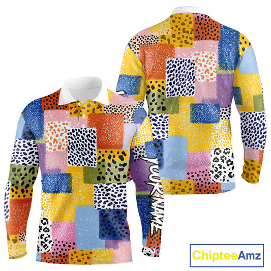 Funny Plaid Long Sleeve Golf Polo Shirt Custom Colorful Leopard Square Pattern Team Golf Top, Golf Gift NHN0218